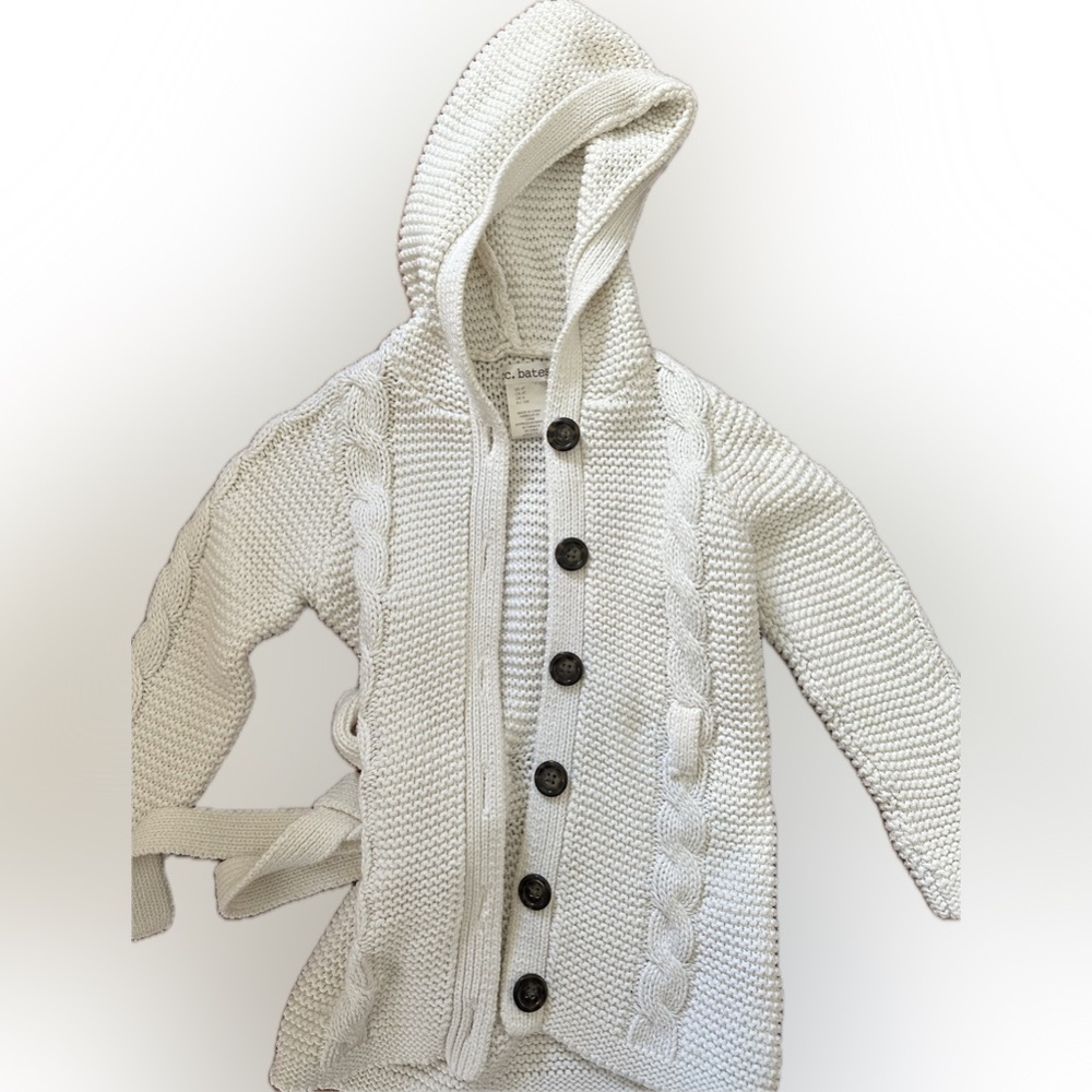 White Hooded Cardigan with Button Detail and belt